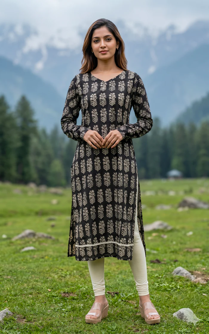 Black and Cream Block Printed Motifs Straight Salwar set